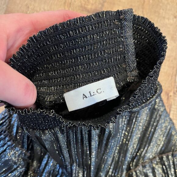 A.L.C. Metallic Silver Black Ribbed Mock Neck Long Sleeve Stretch Top Small - Picture 3 of 4